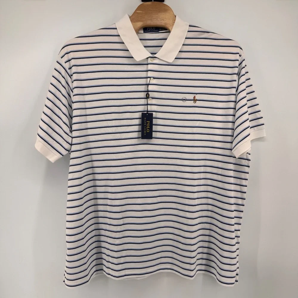 Polo Ralph Lauren Polo Shirt Mens 4XB White Blue Striped Short Sleeve Pony Logo